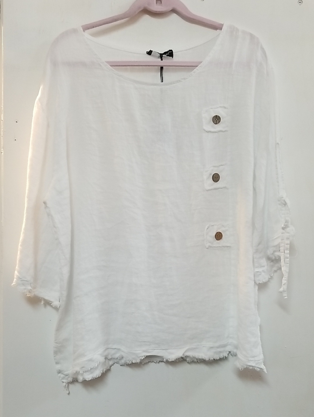 Women's White Linen Button-Trim Tunic Top